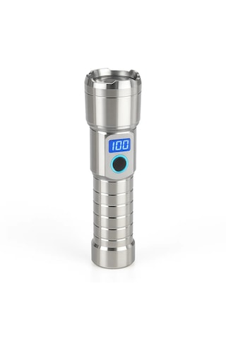 M06 Metal Kasa Uzun Menzil Profesyonel Led Fener 1800 Lümen 5000 Mah Zoom 4 Mod Dijital Ekranlı Usb Şarjlı Fener Powerbank Açık Gri