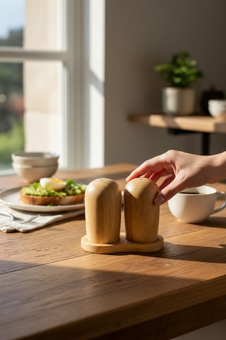 Doğal Bambu Tuzluk Biberlik Seti Standlı 8 Cm Ahşap Beyaz Diğer