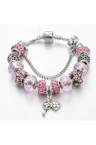 Pembe Kristal Taşlı Çiçek Charmlı Bileklik Gümüş