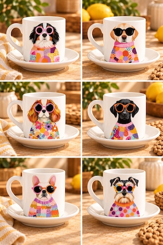 Havalı Köpek Desenli 6'lı 12 Parça Kahve Fincanı Seti - Hediye Porselen Kahve Fincanı Seti Dog White