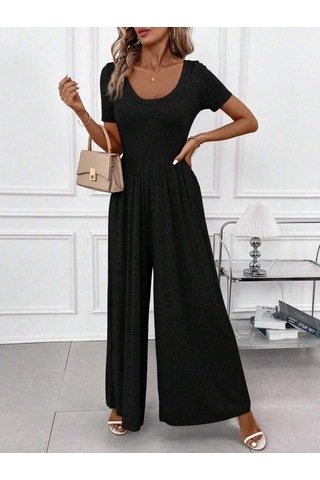 Soonaksesuar Kadın Kısa Kollu Yuvarlak Yaka Geniş Paçalı Bürümcük Tulum Siyah