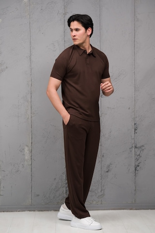 Mass Plus Regular Fit Likralı Kendinden Çizgili Yarım Baggy Pantolonlu T-shirt Takım Kahverengi