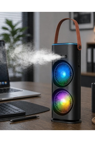 Mey İthalat Çift Başlıklı Taşınabilir Fan Rgb Işıklı Sprey Nemlendiricili Masaüstü Serinletici Fan