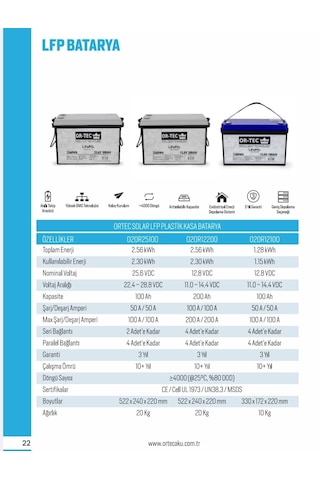 Ortec 25.6v 100ah Lfp Lityum Akü 2560wh Akıllı Bms Bluetooth Destekli Solar Akü