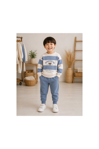 Minaminokids Erkek Çocuk Ayıcık Baskılı Çizgili İkili Takım Mavi