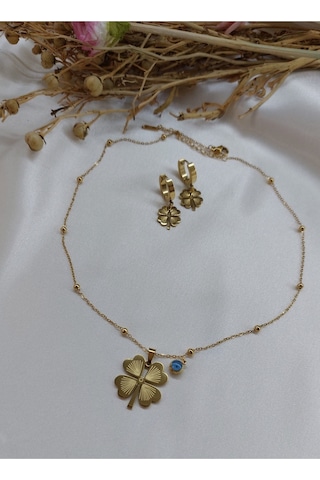 1. Kalite Çelik Yonca Figürlü Nazar Boncuklu Kolye Küpe Seti