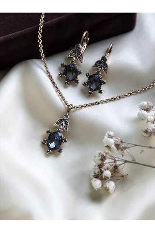 Oval Kristal Taşlı Kolye Ve Küpe Seti Gri