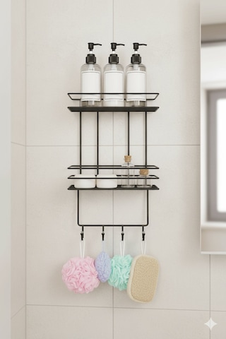 Sas Haus 2 Katlı Siyah Kancalı Banyo Duş Rafı, Şampuanlık, Lif/kese Askılı, Paslanmaz Metal, Banyo Düzenleyici - Tş-02 Siyah