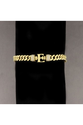 925 Ayar Gümüş E Harfi Gold Gurmet Bileklik