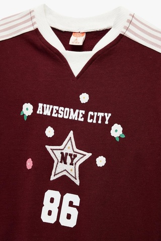 Koton Kız Bebek Şardonlu Pamuklu Uzun Kollu Renk Kontrastlı V Yaka Baskılı Sweatshirt Bordo