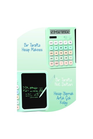 Lcd Ekran Yazı Tahtalı Hesap Makinesi 12 Haneli Tabletli Hesap Makinesi Pastel Yeşil