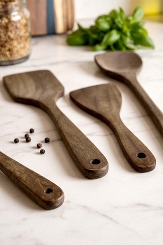 5 Parça Akasya Servis Takımı - Akasya Servis Kaşık Spatula Kepçe Seti Servis Seti Kahverengi