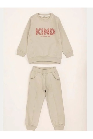 Kız Çocuk Kind İşlemeli Eşofman Takım-14389 Bej