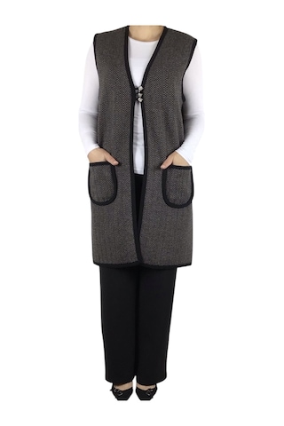 Kadın Desenli Üç Düğmeli Kalın Kışlık Yelek Vizon