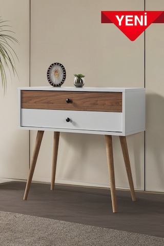 Vita 5204 Ahşap Ayaklı Dresuar , 2 Çekmeceli , Şifonyer , Antre , Salon , Beyaz - Söğüt Beyaz - Kahverengi