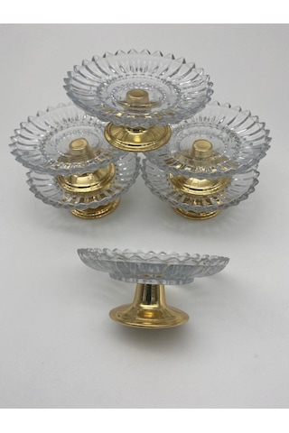 6'lı Mini Gold Metal Ayaklı Camlı Lokumluk, Kahve Yanı Kurabiye, Kek Ve Pasta Sunumluk, Şekerlik Gold