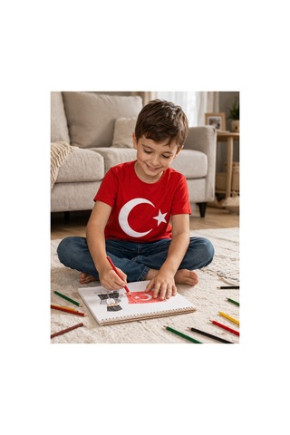 Uğur Bebe Mco Marka Kırmızı Türk Bayraklı Kısa Kollu Çocuk Tişört %100 Pamuk Rahat Kalıp Kırmızı Kırmızı