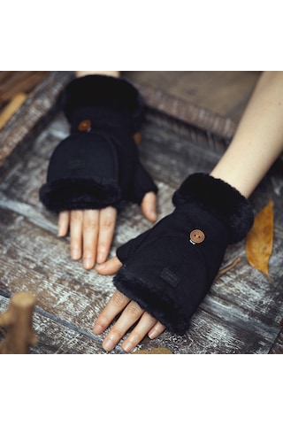 Süet İçi Kadife Sıcak Tutan Yarım Parmak Şık Kadın Eldiven Siyah