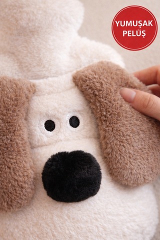 Beyaz Gromit Figürlü Eldivenli Sıcak Su Torbası Peluş Kılıflı, Karın El Isıtıcı Renkli
