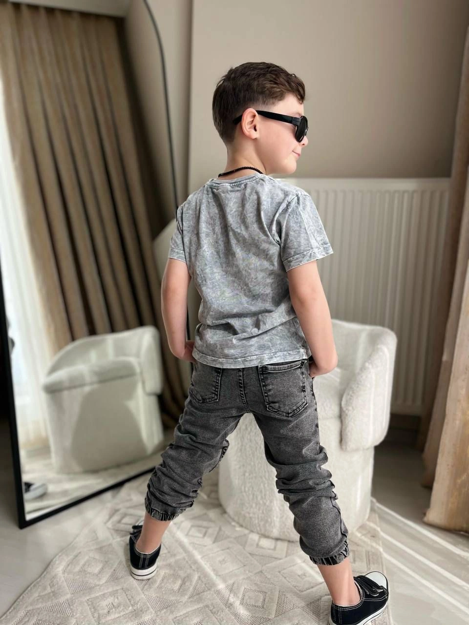 Cg Kids Yıkamalı Kabartma Baskı Bb Lastikli Paça Eskitme Jean Erk Gri - Siyah Mat