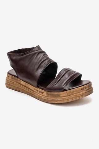 Luvishoes Lunas Kahverengi Hakiki Deri Yandan Fermuarlı Kadın Sandalet Kahverengi