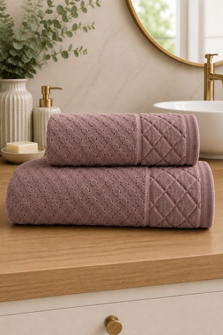 Kristal 2 Li Banyo Havlu Seti 50 90 Baş Havlusu + 90 150 Banyo Havlusu - Mürdüm