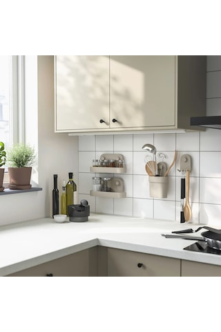 Ikea Öbonäs Vantuzlu Çok Amaçlı Baharatlık Sabunluk Askılık Organizer 3 Lü Seti Gri-bej Renk Bej