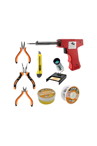Full 8 Parça 80W Lehim Tabancası ve Lehim Standı Pasta, Lehim Tel