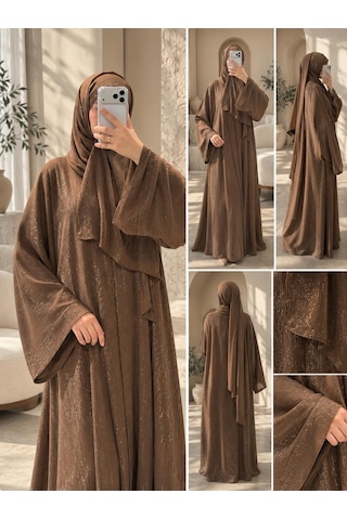Şakika Kadın Shine Abaya Ferace & Şal - Standart Beden & Farklı Boy Kahverengi