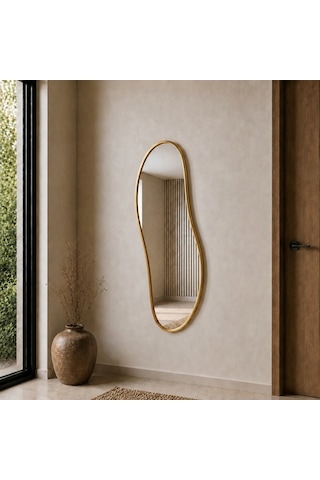 Modern Organik Form Banyo Aynası 40x120 Cm Asimetrik Minimalist Dekoratif Duvar Aynası Altın