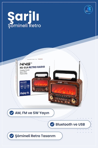 Nostaljik Radyo Şömineli Retro Hoparlör Bluetooth Am Fm Sw Usb Ty