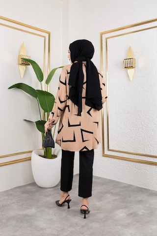 Hira Life Fashion Kadın Tesettür Giyim Ve Spor Giyime Uygun Düğme Detaylı Şık Desenli Dokuma Viskon Gömlek-tunik Vizon VİZON