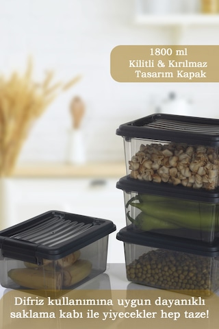 4'lü Set 1800 Ml Kilit Kapaklı Erzak Saklama Kabı Difriz Buzdolabı Düzenleyici Saklama Kutusu Siyah Siyah