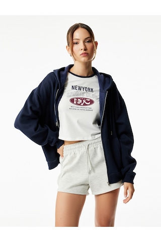 Koton Fermuarlı Kapüşonlu Kanguru Cepli Uzun Kollu Şardonlu Oversize Spor Sweatshirt Lacivert 6wak10151nk Lacivert