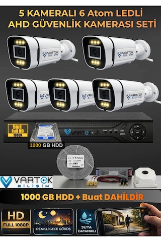 5 Kameralı 6 Atom Led Gece Renkli Görüşlü Güvenlik Kamerası Seti + 1000 Gb Hdd