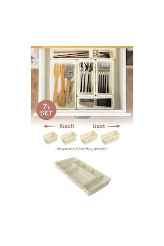7'li Set Ayarlanabilir Çekmece Içi Düzenleyici Kutu Uzayıp Kısalabilen Organizer Seti 3a2b1c1d Krem