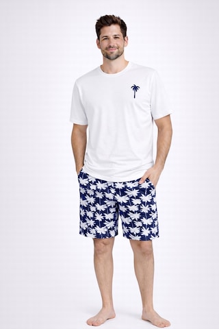 Erkek Pamuklu Kısa Kollu Palmiye Desenli Cepli Şortlu Pijama Takımı Ke77626 Lacivert - Beyaz
