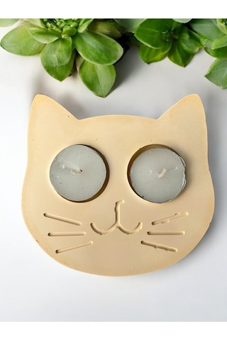 Sarı Kedi Şekilli Beton Mumluk - El Yapımı Dekoratif Çay Işığı Tealight Mumluk - Minimalist Kedi Tem Sarı