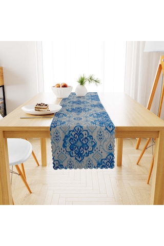 Damask Desenli Mavi Beyaz Dijital Baskılı Süet Dokuma Runner 40x140
