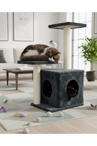 Reyo Pet Çift Basamaklı Yuvalı Kedi Tırmalaması Antrasit