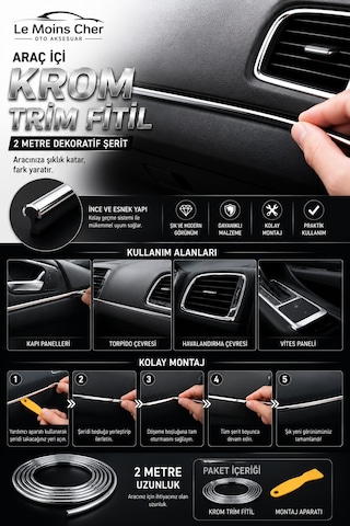 Renault R9 Broadway Araç İçi Krom Trim Fitil 2 Metre Nikelaj Dekoratif Şerit