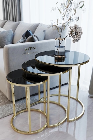 Ecol Desings Ecol Gold Metal Zigon Sehpa Siyah Kırılmaz Cam Altın