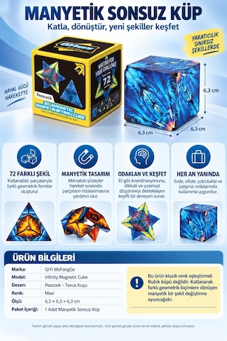Manyetik Sonsuz Küp Qiyi 72 Şekilli Dönüşen Zekâ Oyunu Antistres Peacock Mavi 6,3 Cm