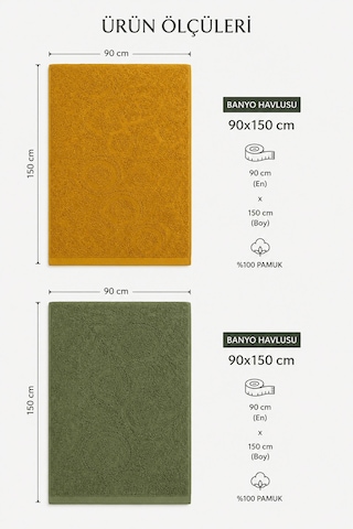 2'li Jakarlı Büyük Boy Banyo Havlusu 90x150 Cm %100 Pamuk Lorea 650 Gr Yeşil-hardal