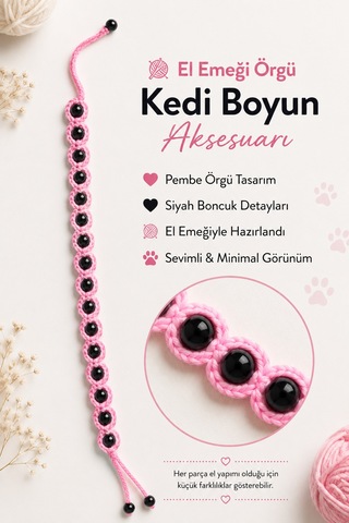 El Örgüsü Kedi Boyun Aksesuarı Pembe Siyah Boncuklu El Yapımı Kedi Tasması Dekoratif Örgü Yaka
