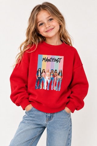 Fasardi Super Bear Adventure Baskılı Oversize 3 İplik Şardonsuz Uzun Kollu Unisex Çocuk Sweatshirt Kırmızı