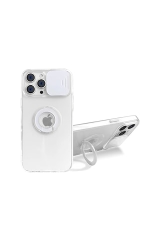 Ally Apple iPhone Uyumlu iPhone 12 Pro Max Kılıf Sürgülü Kamera Lens Korumalı Yüzük Standlı Silikon Kılıf- 5775 Şeffaf