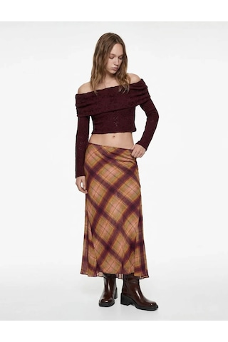 Koton Omzu Açık Crop Dantel Bordo Kadın Uzun Kollu T-shirt 6wal10621ık Bordo