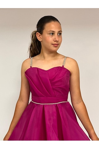 Kız Çocuk Abiye Fuşya Taş Kordon Askılı Kalp Yaka Kuyruklu Şifon Abiye Elbise 9-16 Yaş Fuşya