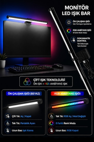 Dokunmatik Monitör Üstü Led Aydınlatma Rgb Ambiyans & 3 Renk Işık Ayarlanabilir